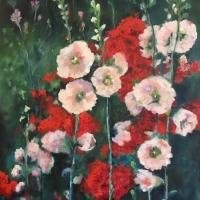 ROSES TREMIERES HUILE 73*50 Toile vendue